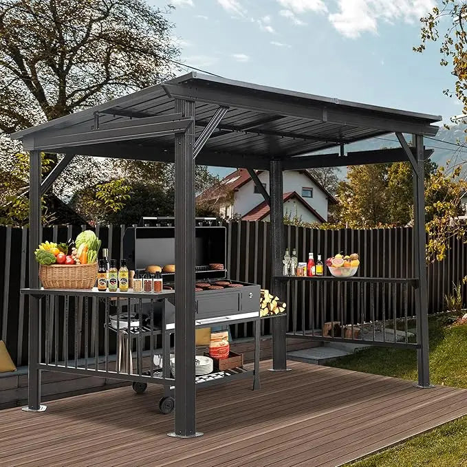 Hardtop Outdoor Grill Shelter with Ventilated Roof, Storage Cabinets, and Adjustable Hooks