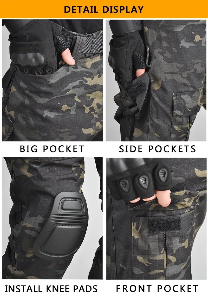 Outdoor Men Combat Pants +Knee Pads Tactical Pant MultiCam CP Hiking Camo Pants Work Hunting Clothes Wear Resistant Multi-pocket