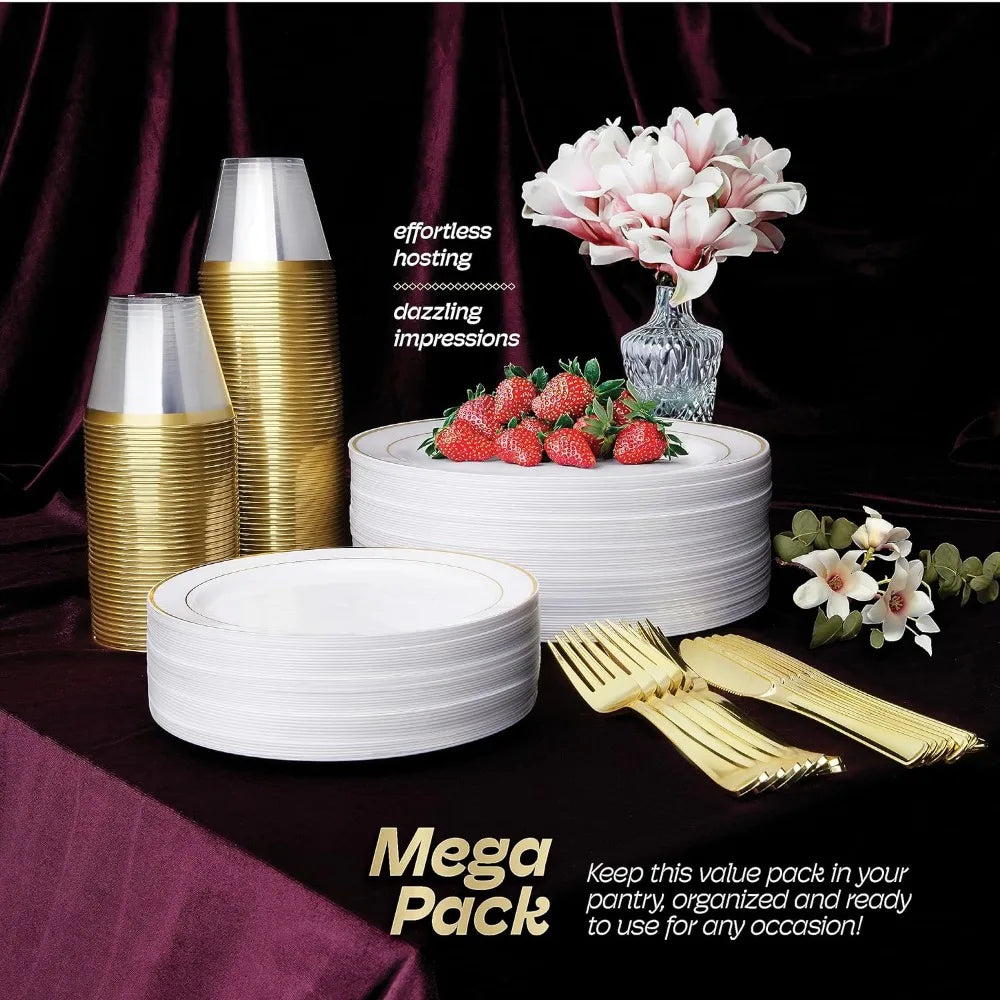 600pcs Plastic Dinnerware Set 100 Guest, Gold Plastic plates for party, Gold Party Plates Sets For 100 Guests, Premium Wedding