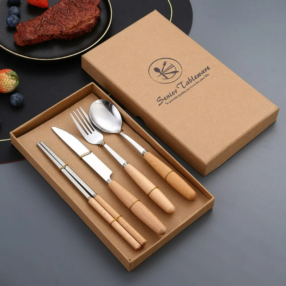 Kitchen Supplie Stainless Steel Marbled Wood Handle Knife, Fork and Spoon 5 Piece Deluxe Premium Steak and Dessert Cutlery Set