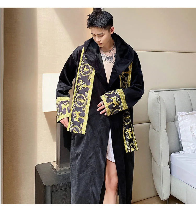 IEFB Winter Thickened Comfortable Velvet Light Luxury Hooded Long Nightgown Men's Fashion Robes Belted Warm Clothes 9Y9924