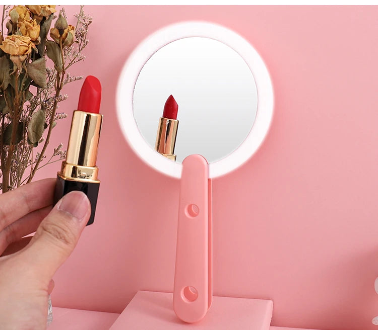 USB Charge  Woman LED Rotary Switch Makeup Mirror Heart Mirror Pink WhiteCute Convenient Hand Held Luxury Round Private Label