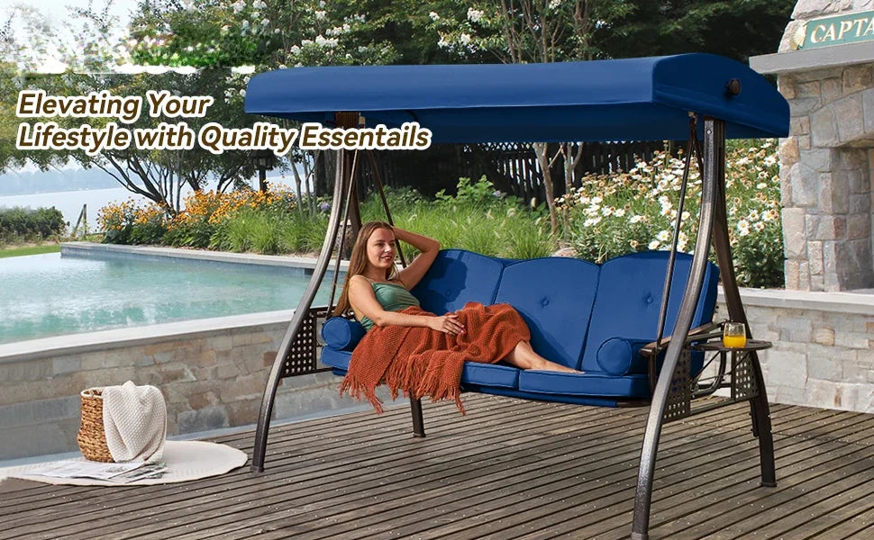 Swing Sets for Backyard with 3-Seat, Adjustable Canopy, Thickened Cushions,Pillows & Cup Holders, Outdoor Swing