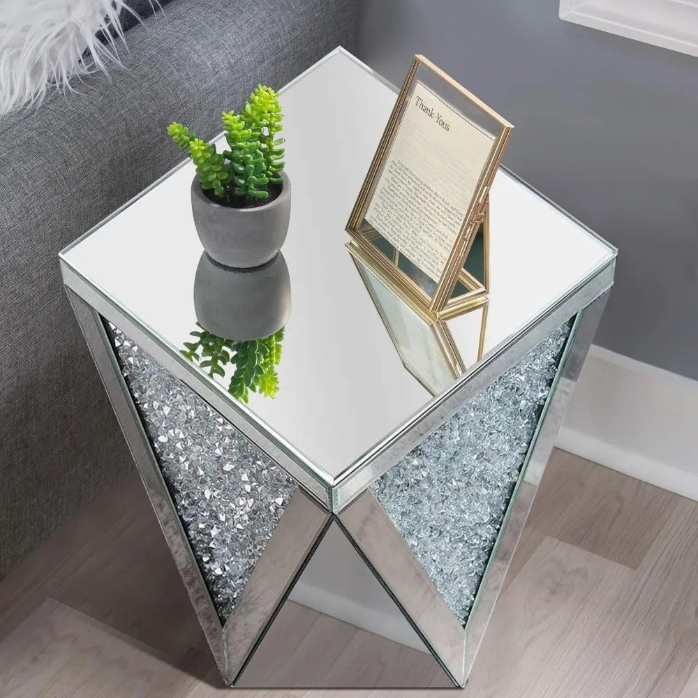 Silver Mirrored End Table with Crystal Inlay – 12” Square Accent Table