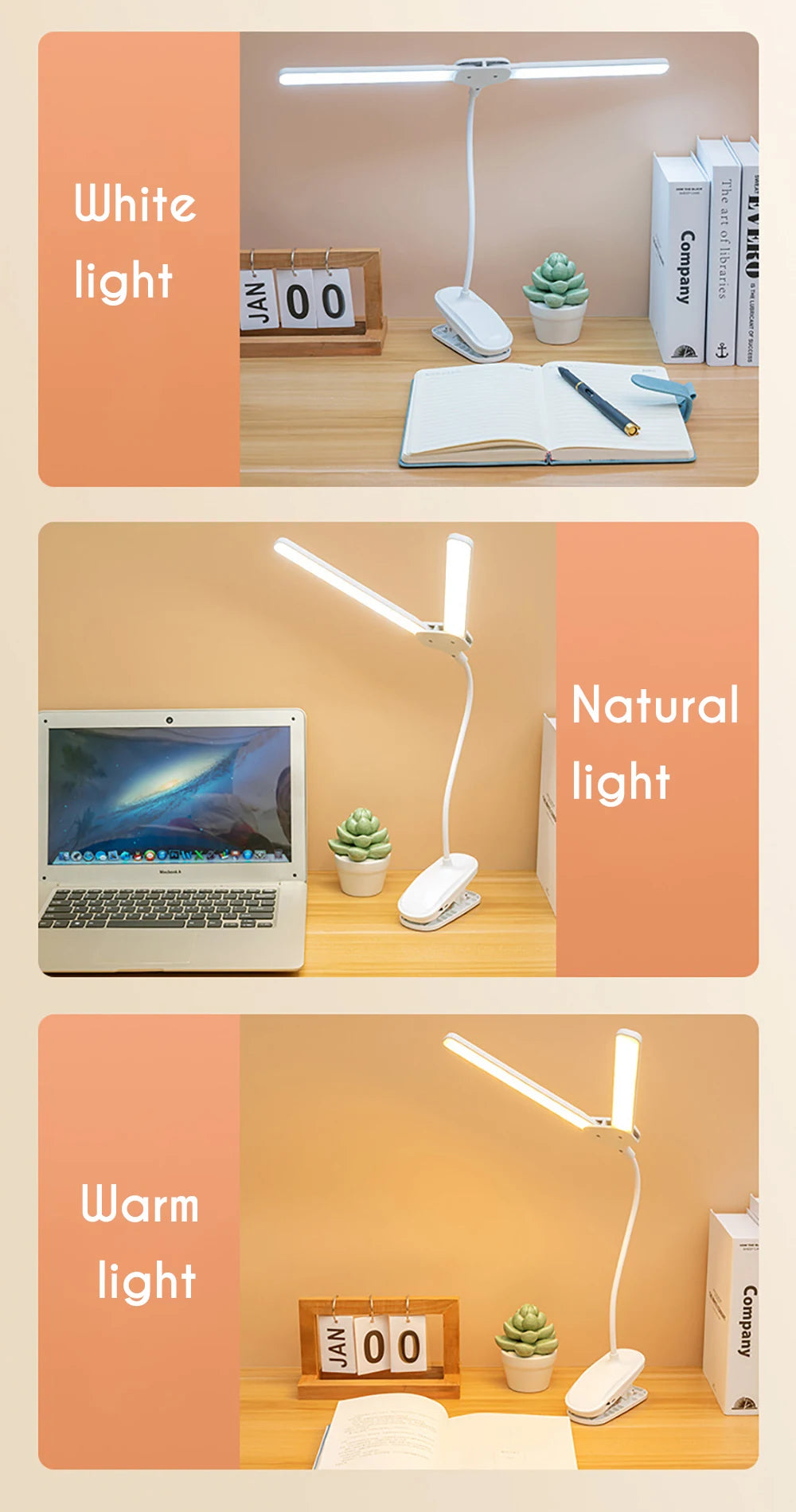 Battery Clip Lamp Double Head Desk Lamp LED Rechargeable Bedside Night Ligh 360° Flexible Clip Lamp Adjustable Table Lamp