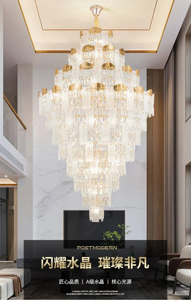 French duplex building chandelier luxury villa building middle floor empty and high light luxury crystal hall living room main