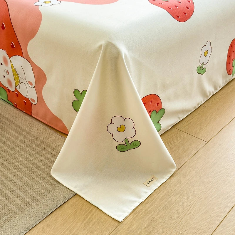 3Pcs Cartoon Strawberry Rabbit Cotton Bed Sheet Set Kawaii Style Bedroom Decor Flat Sheet High Quality Thickened Bedding Set