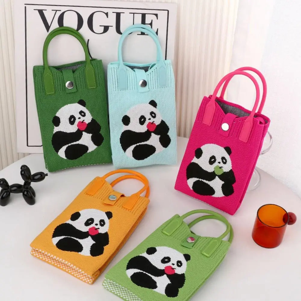 Easy To Carry Creative Mini Knit Handbag Cartoon Panda Huahua Knot Wrist Bag Reusable Large Capacity Hand Crocheted Bags Women