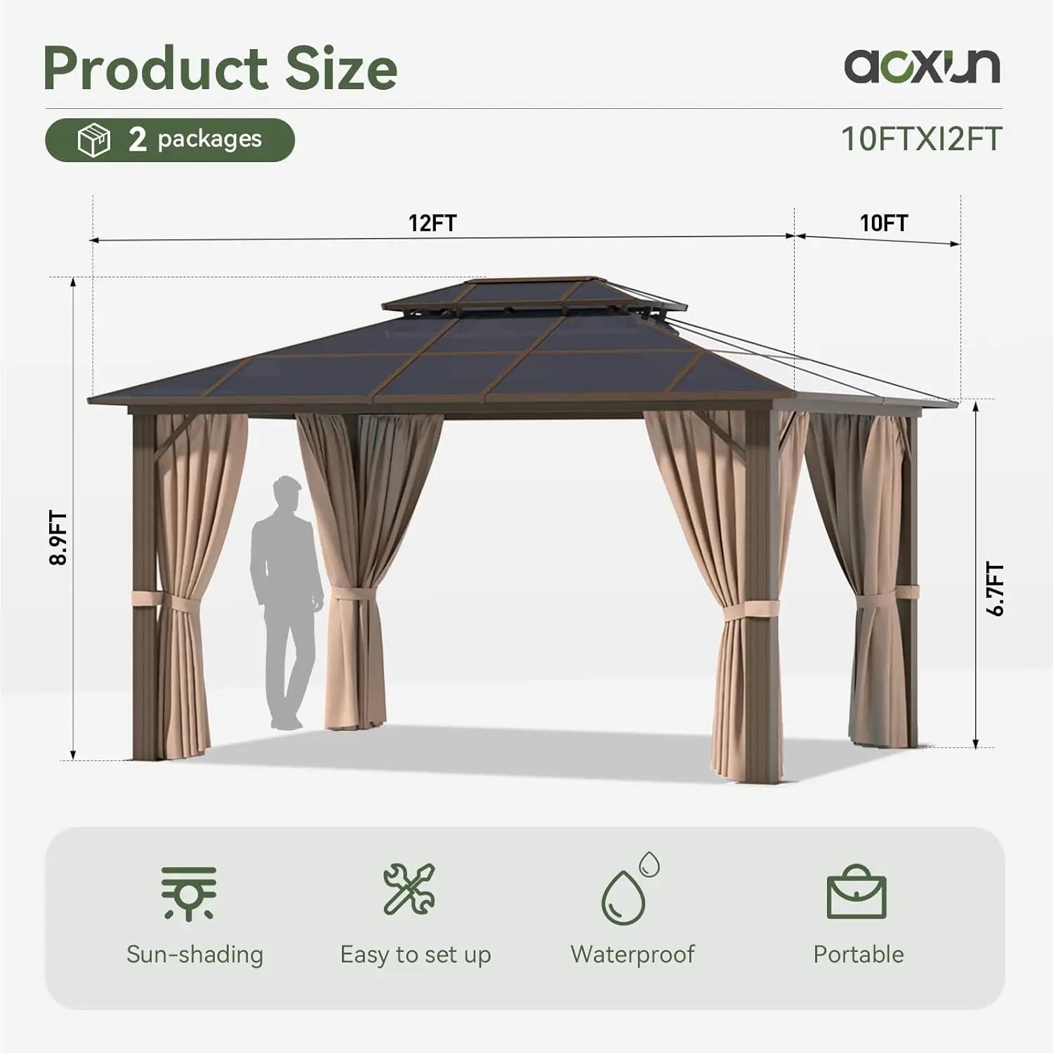 10'x12' Hardtop Gazebo, Aluminum Frame Permanent Pavilion with Curtains and Netting, Outdoor Polycarbonate Gazebo