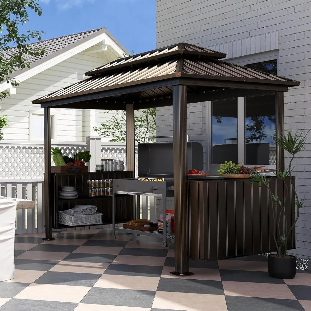 Hardtop Outdoor Grill Shelter with Ventilated Roof, Storage Cabinets, and Adjustable Hooks