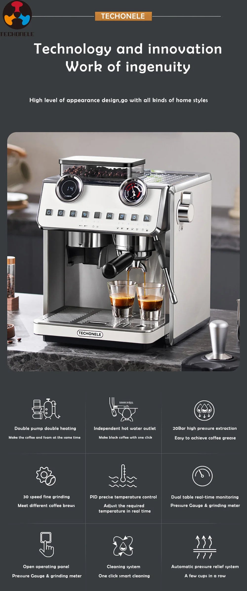 Luxury 20 Bar Pressure Espresso Coffee Machine Double Boiler Bean Grinder Semi-Automatic 2.5L Water Tank Electric Coffee Maker