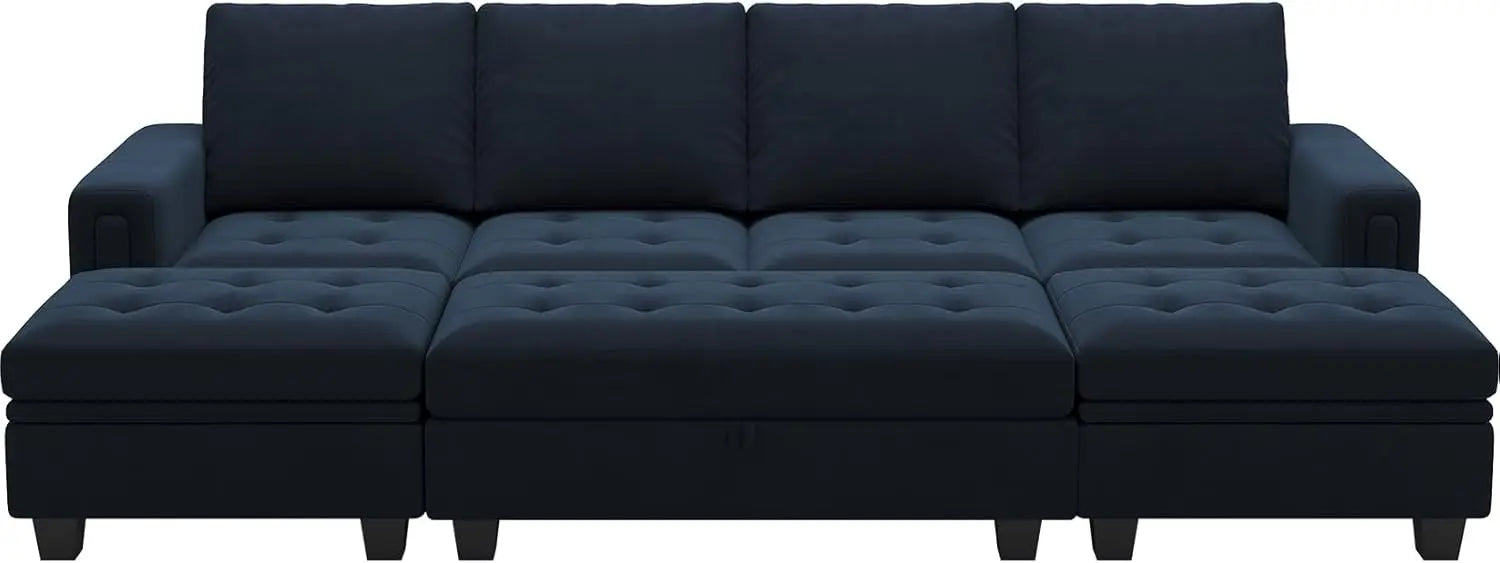 Velvet Convertible 4-Seat Sectional Sleeper Sofa with Storage Ottoman