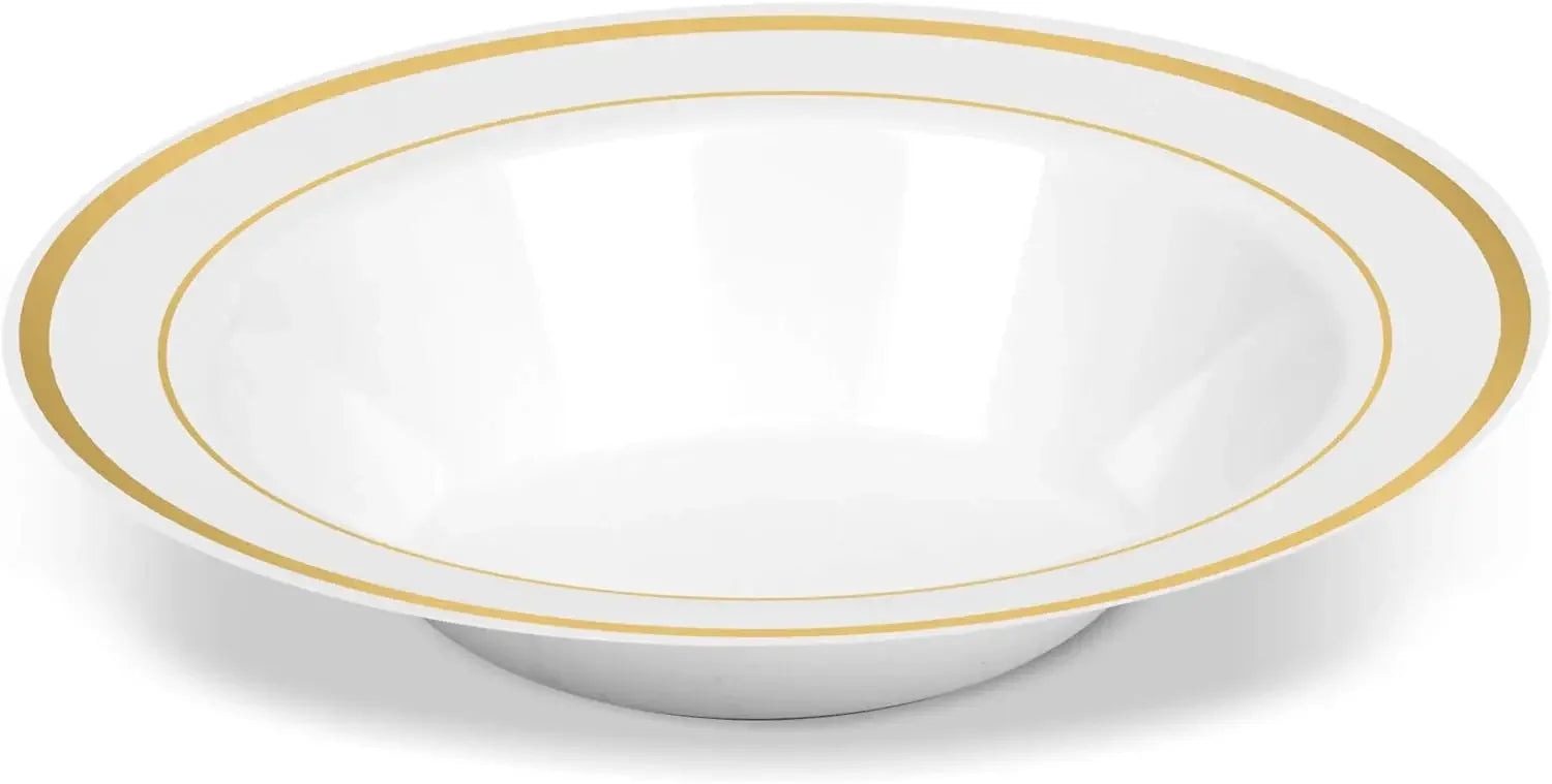 100 Disposable White Gold Trim Plastic Soup Bowls 14 Oz. Premium Heavy Duty Disposable Dinnerware with Real China Design