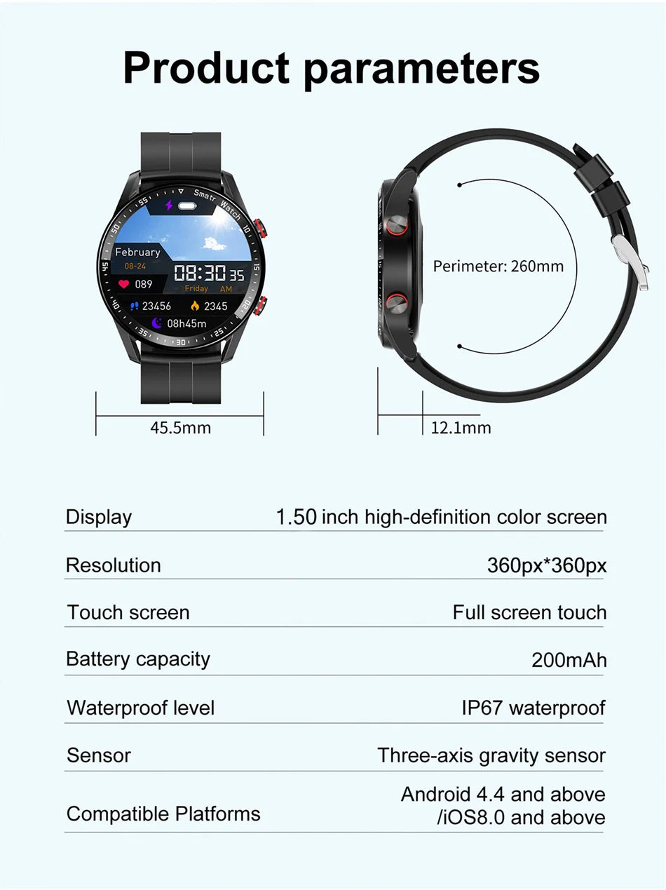 For Huawei 1.5 inch Smart Watch Men Bluetooth Call Heart Rate ECG Health Fitness Sports Watch Waterproof Business Man Smartwatch