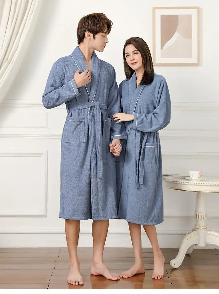 100% Cotton Couples Long Thick Absorbent Terry Bath Robe Kimono Men Light Weight Towel Bathrobe Sleepwear Women Hotel Gown Robes