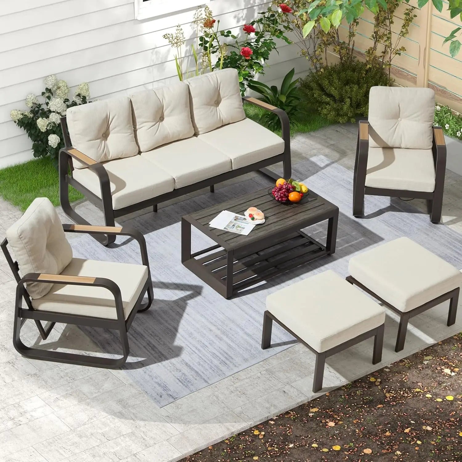 6 Pcs Modern Aluminum Patio Furniture Set with Coffee Table Outdoor Luxury Conversation Sofa Set