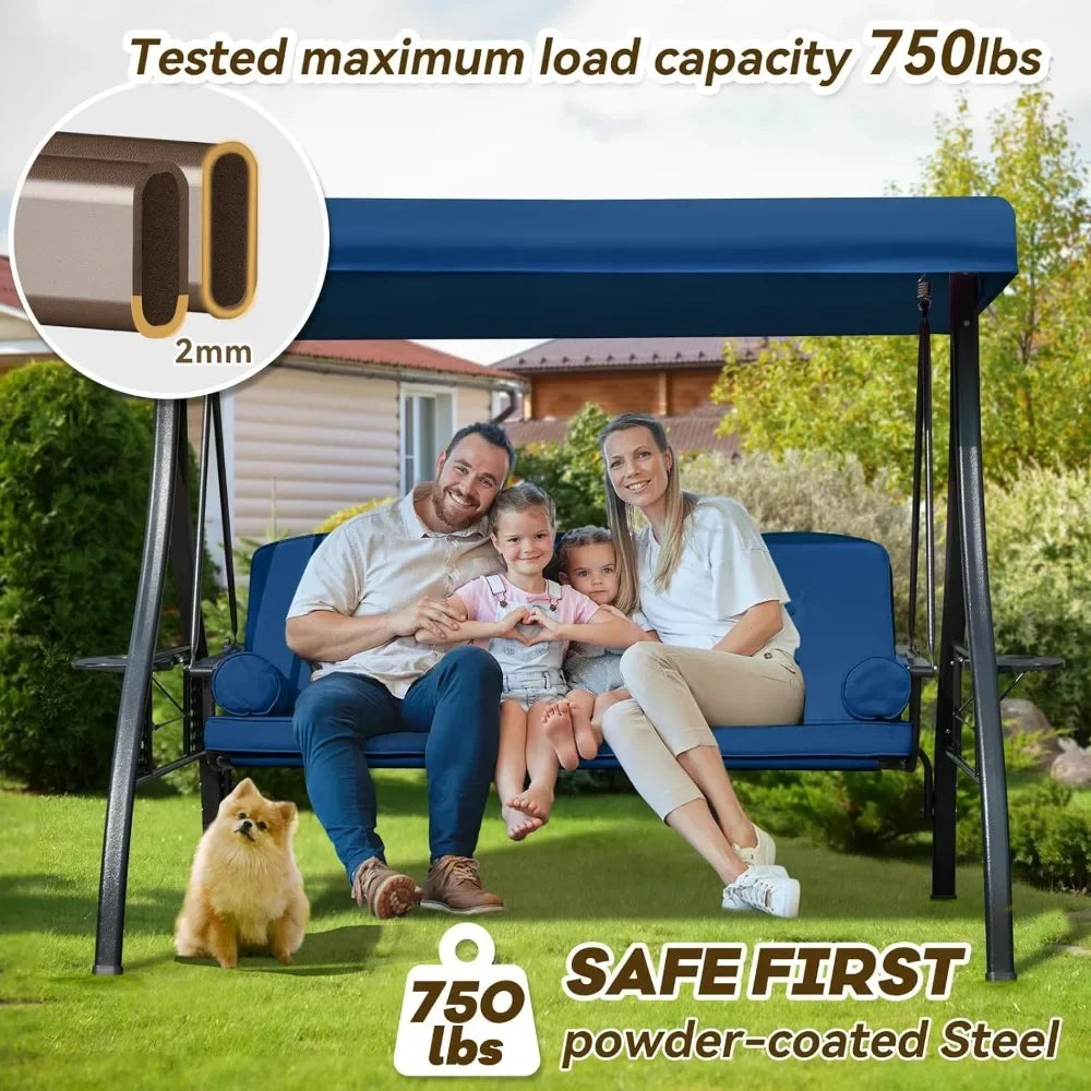 Swing Sets for Backyard with 3-Seat, Adjustable Canopy, Thickened Cushions,Pillows & Cup Holders, Outdoor Swing