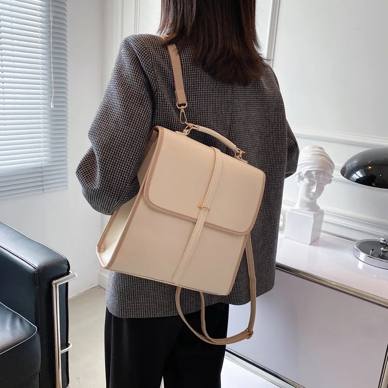 Pure Color High Quality PU Leather Womens Backpack 2023 Fashion Designer Simple Girl School Bags Ladies Leisure Travel Backpacks