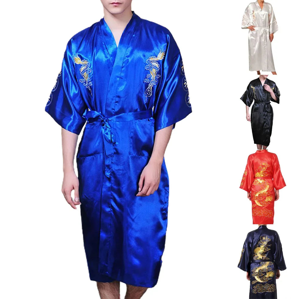 Silk Kimono Bathrobe, Chinese Dragon Design, Men's Sleepwear Gown, Satin Fabric, Navy Blue/Red/White/Black/Blue