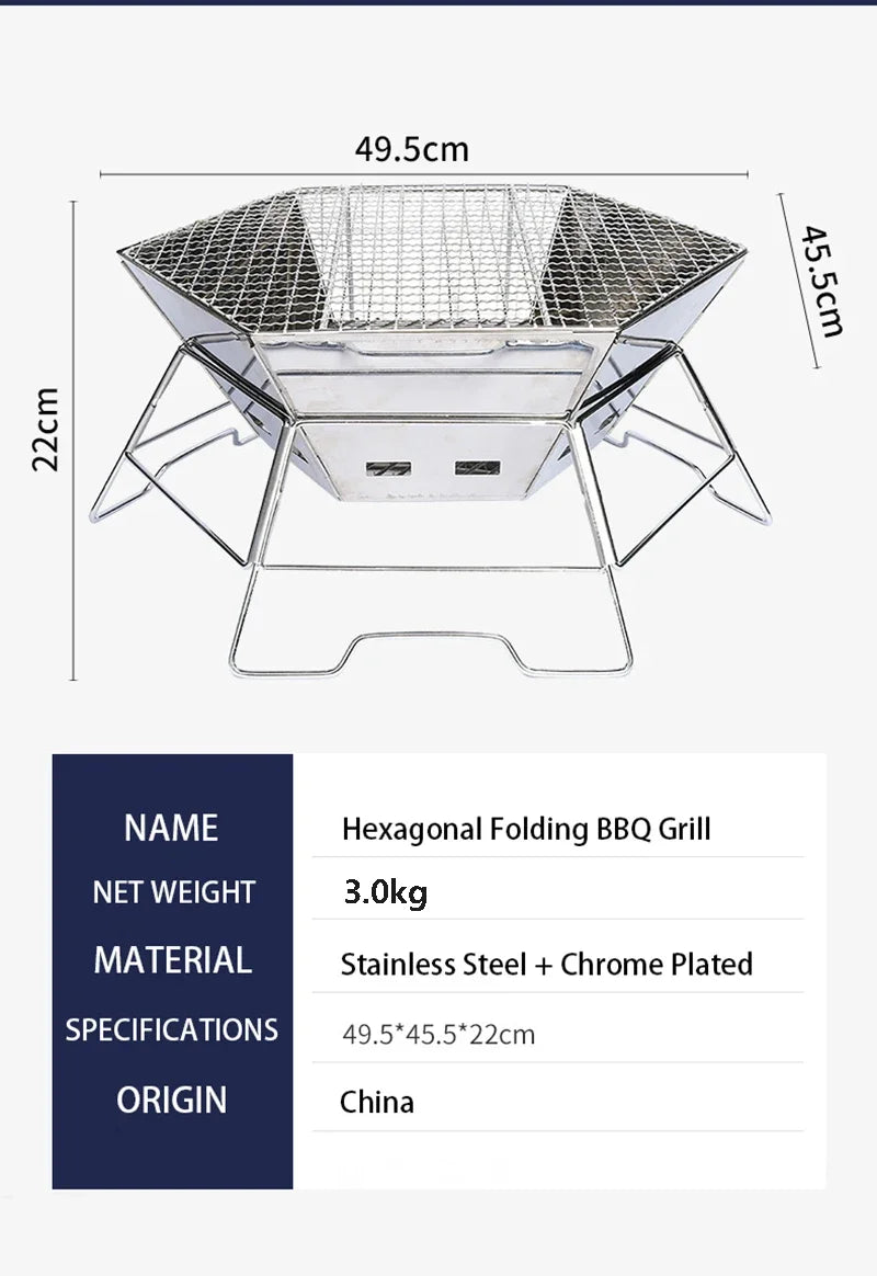 Stainless Steel Burning Wood Incinerator Outdoor Camping Wood Burned Stove Hexagonal Table BBQ Grill Folding Portable Fire Pit