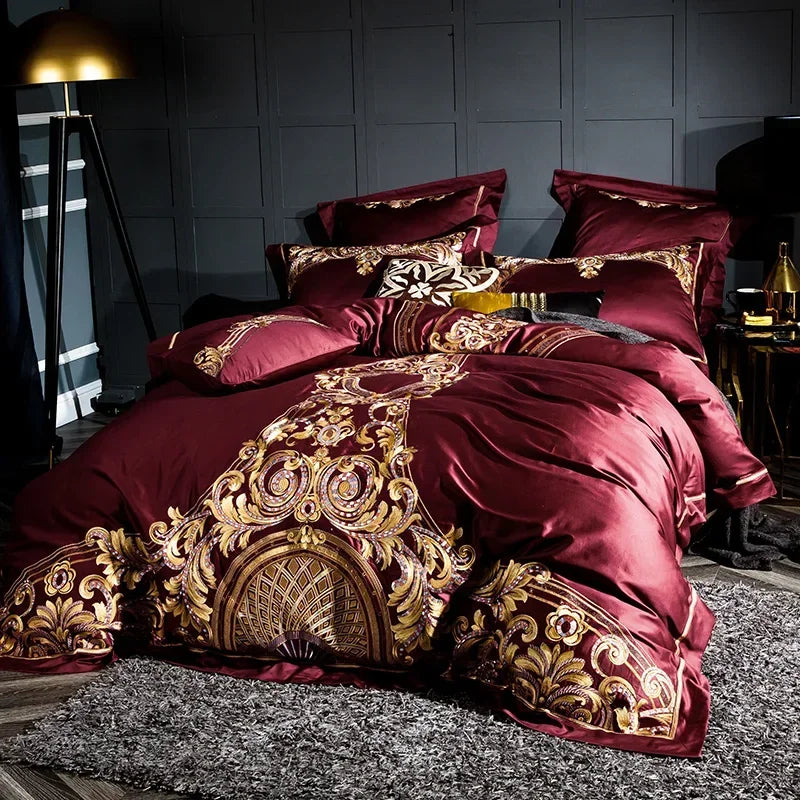 Luxury Gray Red 1000TC Satin Egyptian Cotton Bedding set Gold Royal Embroidery Queen King Duvet Cover Bed Linen/sheet Pillowcase