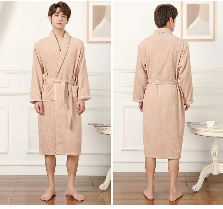 100% Cotton Couples Long Thick Absorbent Terry Bath Robe Kimono Men Light Weight Towel Bathrobe Sleepwear Women Hotel Gown Robes