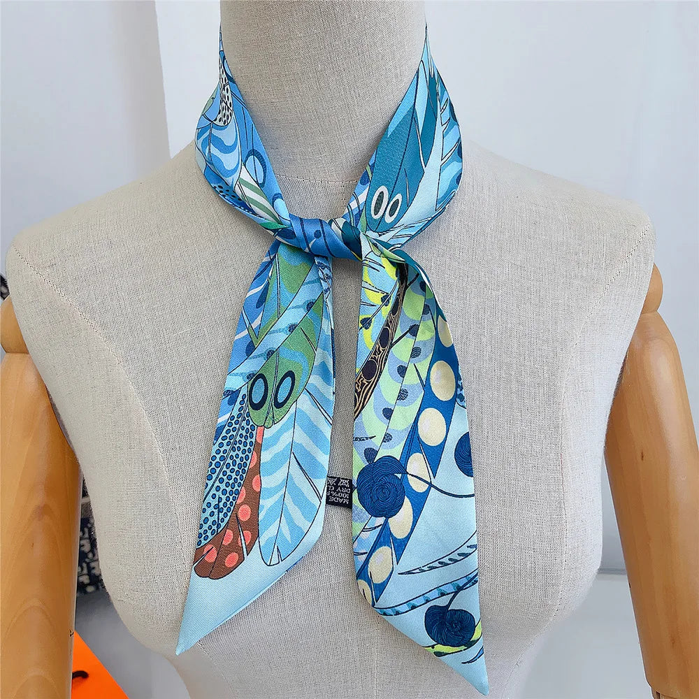 Fashion Skinny Small Silk Scarf Women Luxury Feather Print Headband Women's Bags Accessories Long Striped Neck Scarf Shawl