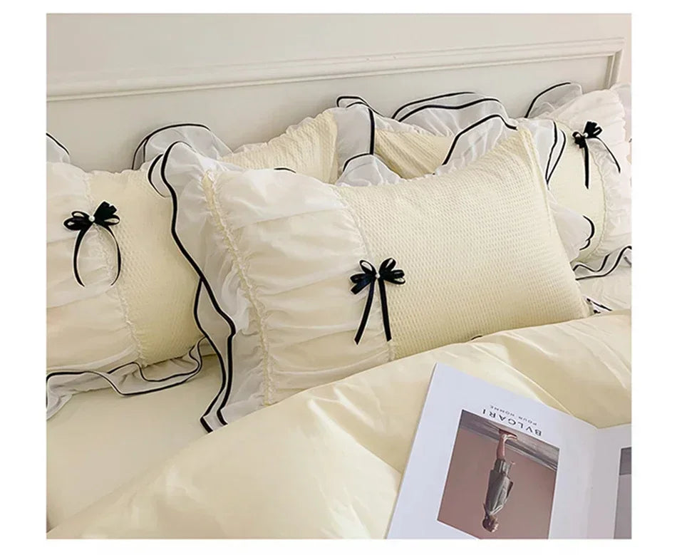 Korean Seersucker Bedding Set Princess Girls Lace Ruffled Bow Duvet Cover Double Bed Sheets Washed Cotton Twin Queen Quilt Cover