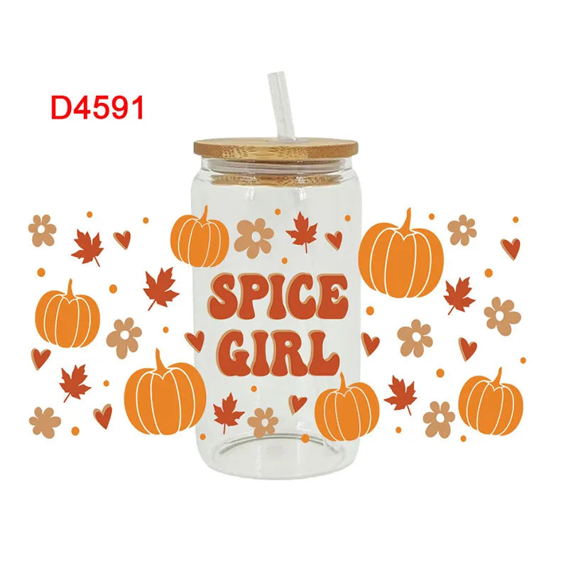 Thanksgiving Day Fall UV DTF Cup Wraps Transfer Sticker For 16OZ Glass Libbey Can Bottle Selfadhesive Washable DIY Custom D4365