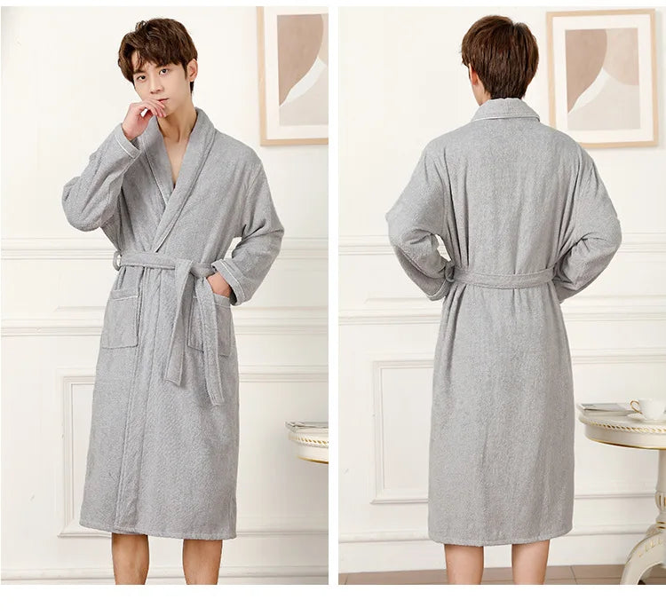 100% Cotton Couples Long Thick Absorbent Terry Bath Robe Kimono Men Light Weight Towel Bathrobe Sleepwear Women Hotel Gown Robes