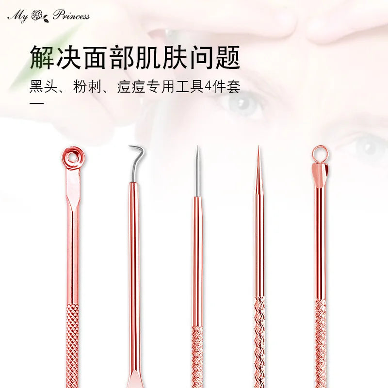 Rose Gold 4pcs/set Blackhead Comedone Acne Pimple Belmish Extractor Vacuum Blackhead Remover Tool Spoon for Face Skin Care Tool