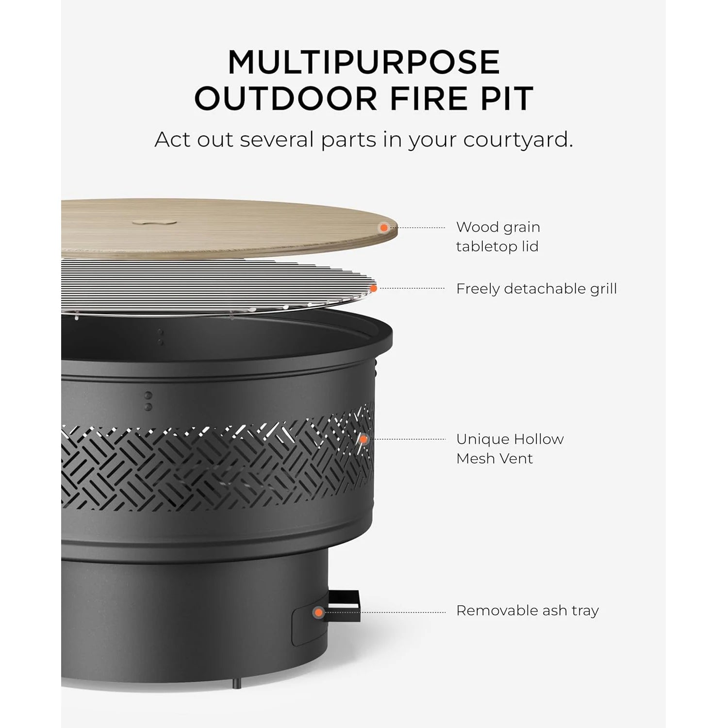 Freestanding Outdoor Fire Pit with Integrated Grate, Decorative Cutouts, and Multi-Purpose Use