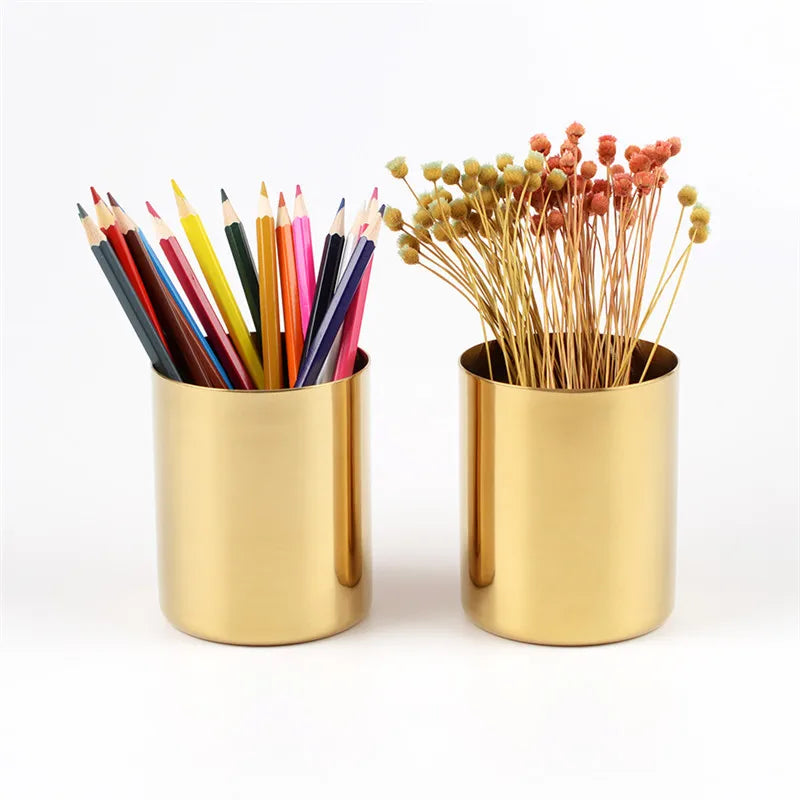 20pcs 400ml Nordic Style Brass Gold Vase Stainless Steel Cylinder Pen Holder for Desk Organizers Stand Pencil Pot Holder