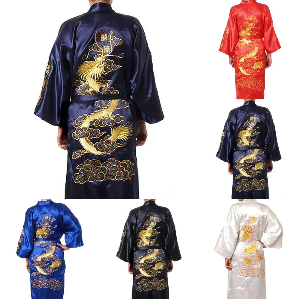 Silk Kimono Bathrobe, Chinese Dragon Design, Men's Sleepwear Gown, Satin Fabric, Navy Blue/Red/White/Black/Blue