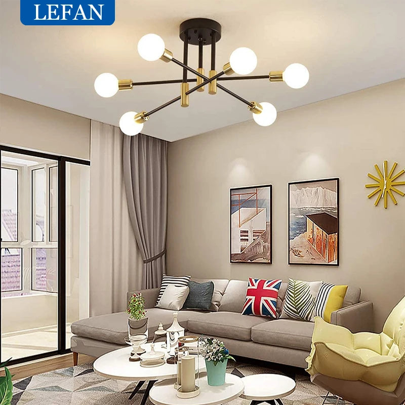 Modern Nordic LED Chandelier Semi Flush Mount Ceiling Lamp Brushed Antique Gold Home Decor Lighting Fixture