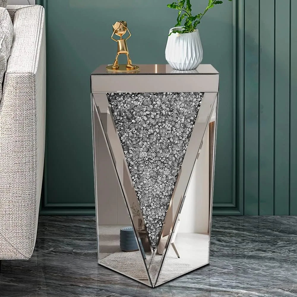 Silver Mirrored End Table with Crystal Inlay – 12” Square Accent Table