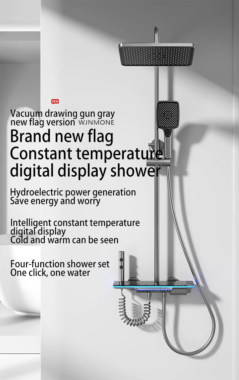 Bathroom Luxury Shower System with Lights Tempered Glass Piano Key Smart Digital Display Thermostat Mixer Shower Faucet Full Set