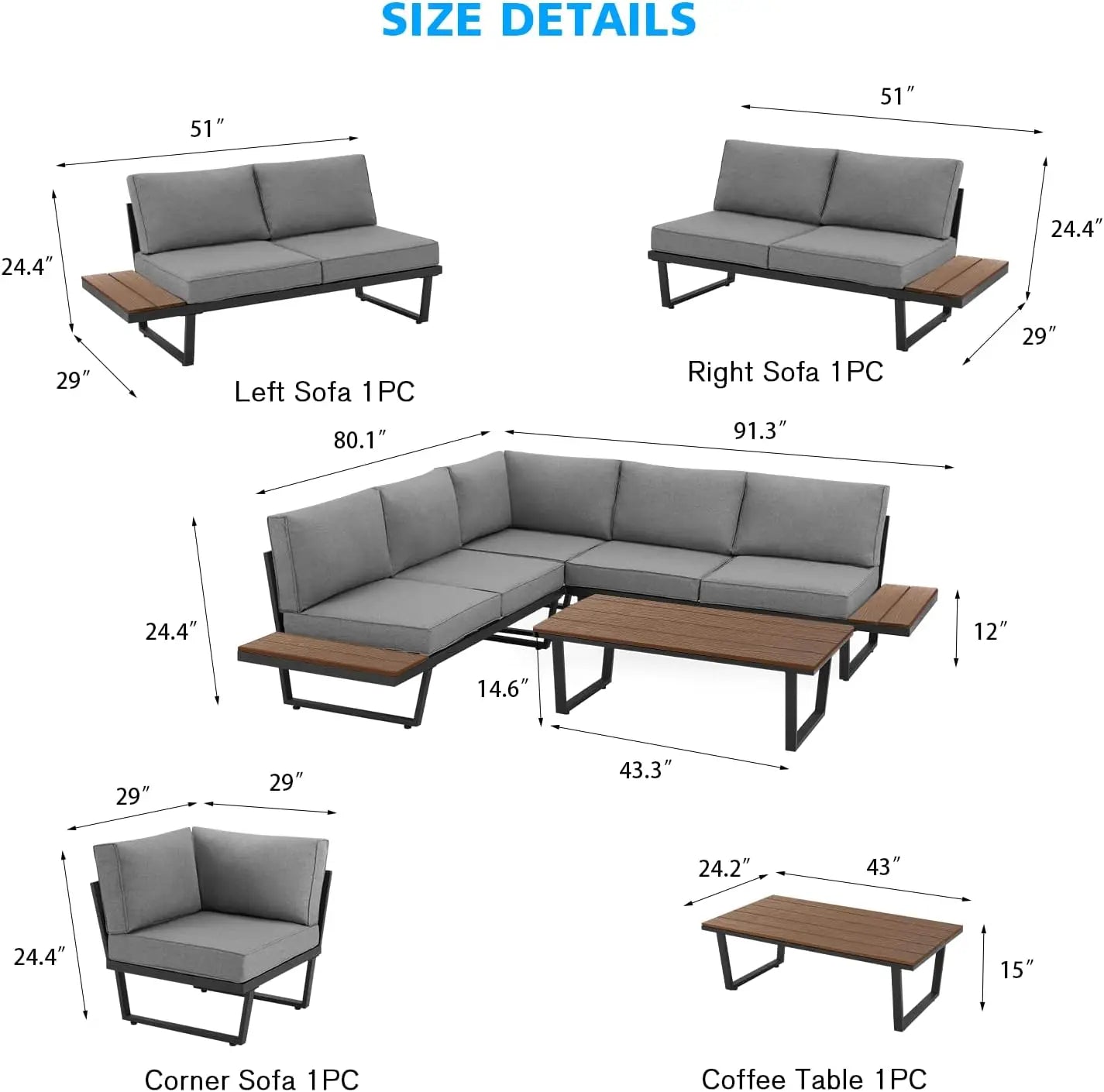 EROMMY 4 Pieces Outdoor Sectional Sofa Set with Coffee Table, 91''×91'' Extra Large L-Shaped Metal Conversation Set with All-Wea