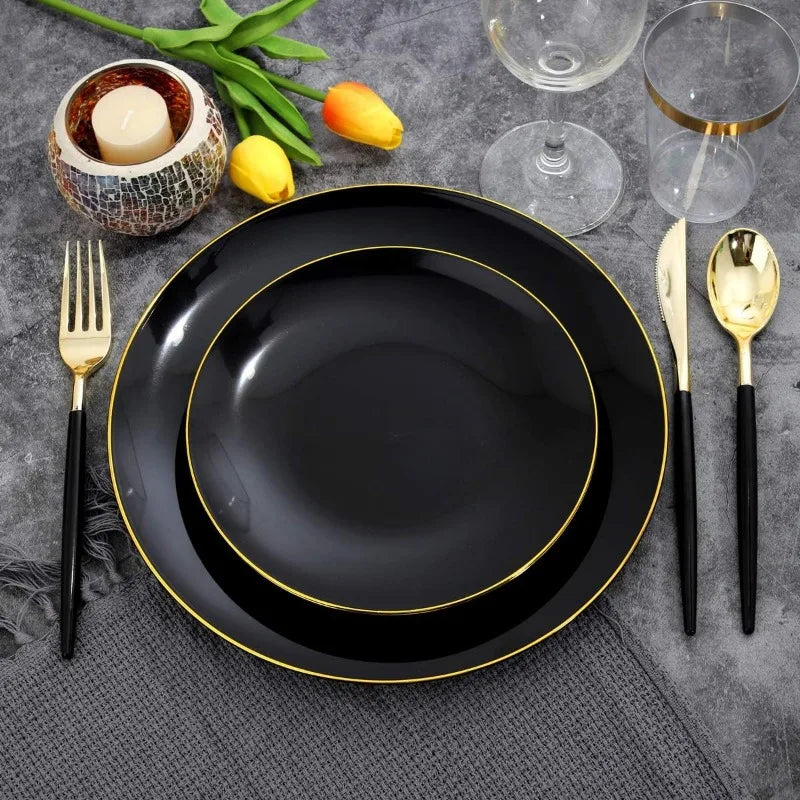 150PCS Black Plastic Plates - Black and Gold Disposable Plates - Premium Heavyweight Gold Plastic Dinnerware