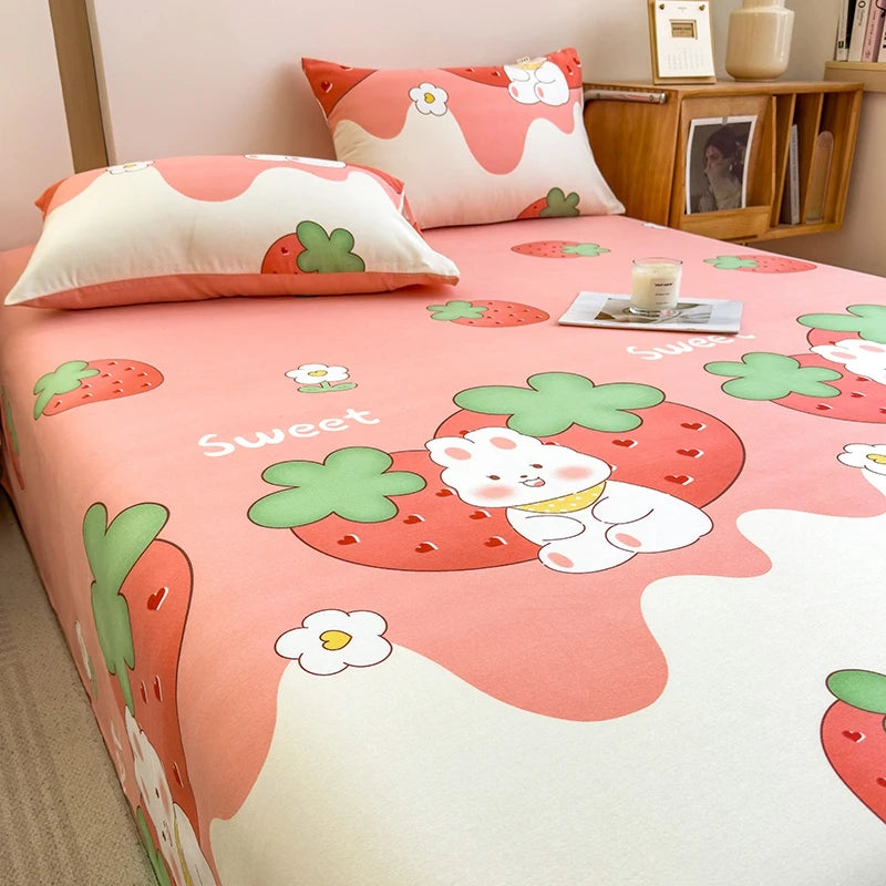 3Pcs Cartoon Strawberry Rabbit Cotton Bed Sheet Set Kawaii Style Bedroom Decor Flat Sheet High Quality Thickened Bedding Set