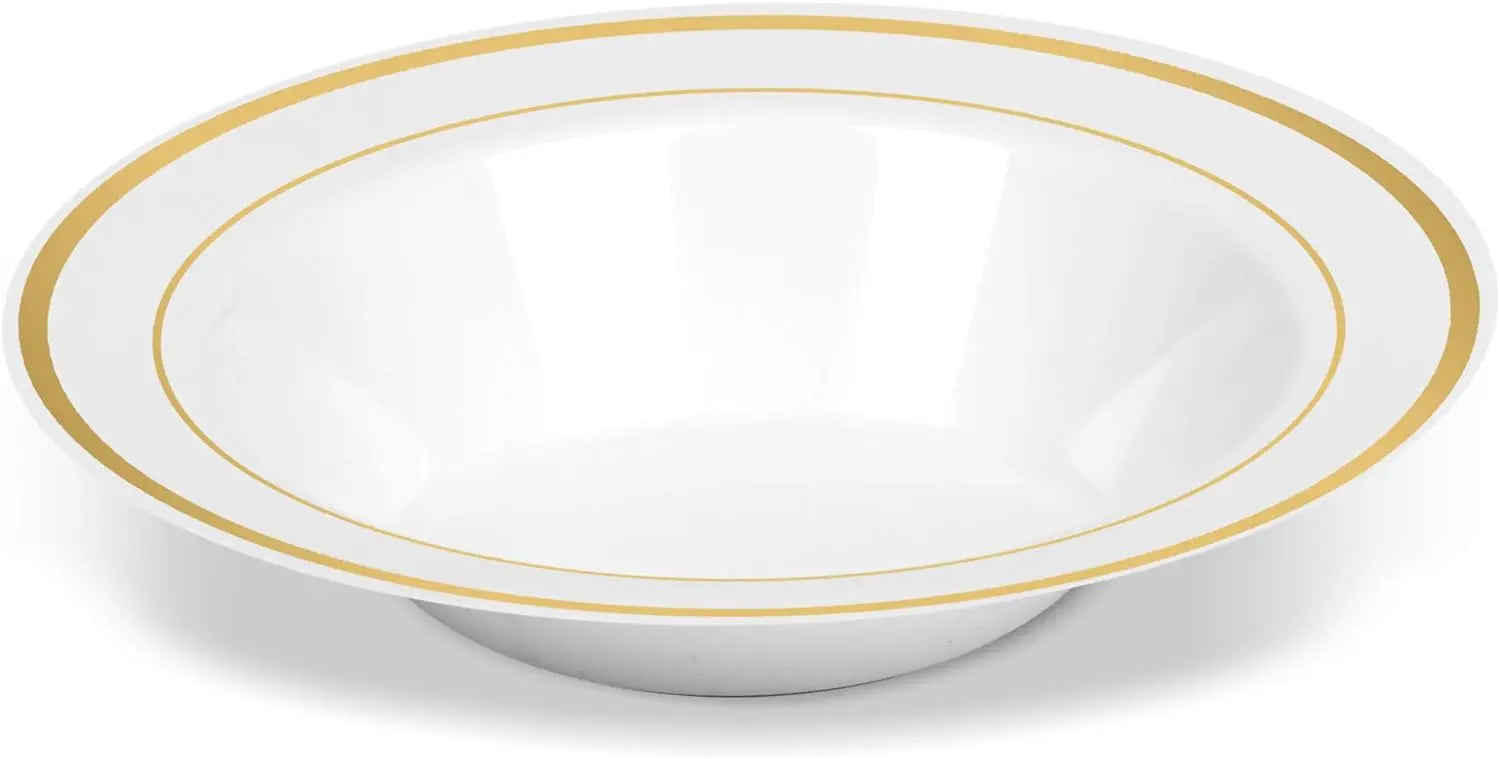 100 Disposable White Gold Trim Plastic Soup Bowls 14 Oz. Premium Heavy Duty Disposable Dinnerware with Real China Design