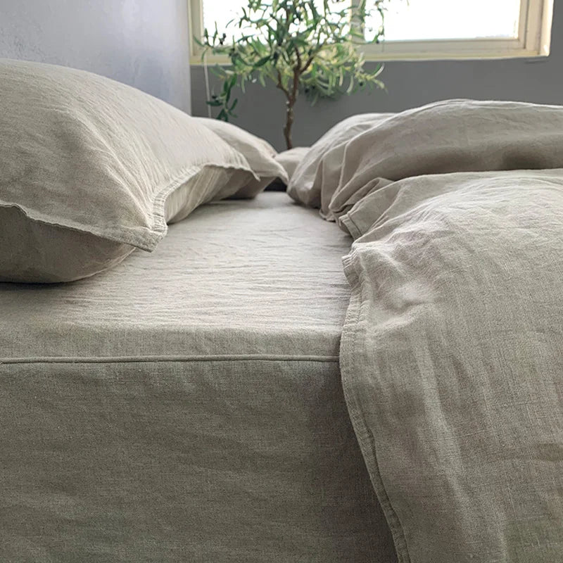 100% Linen Fitted Sheet Stone Washed Solid Color 1Piece Deep Pocket Mattress Cover Natural Soft and Breathable Farmhouse Bedding