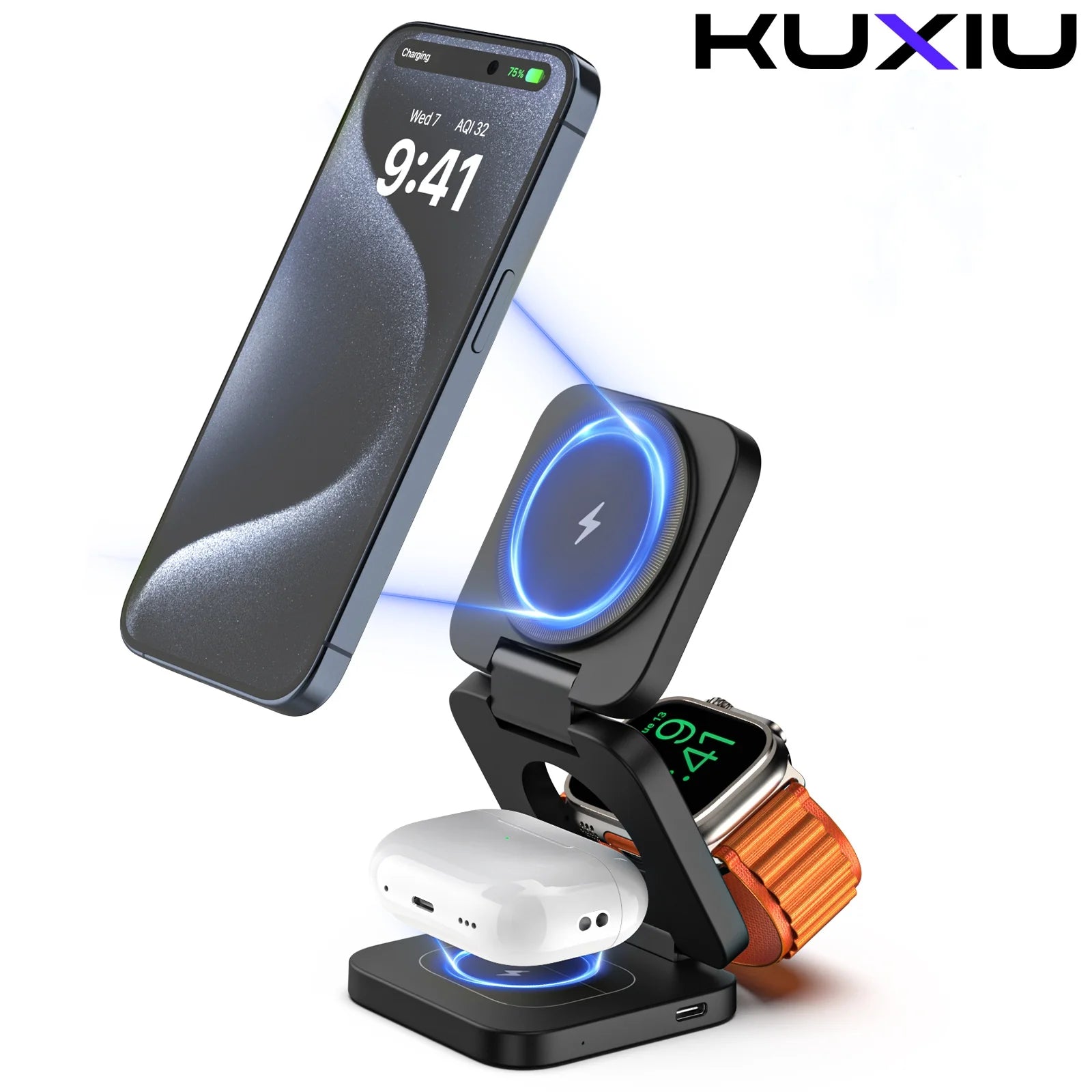 KUXIU X40 Magsafe Wireless Charger,3 in 1 iphone Charger for iPhone 15 14 13 12Pro/Max/Plus, AirPods 3/2 Pro,iWatch Series