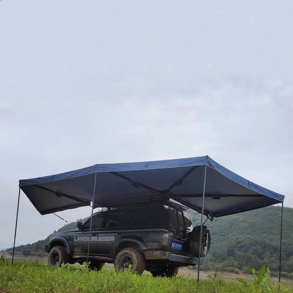 Outdoor self-driving five-angle 270-degree awning with cloth on the top side and double-axis fan-shaped tent with curtain a