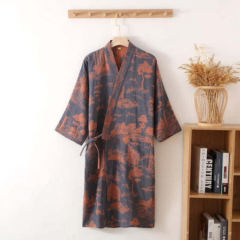 Blue Green Colors Printed Robe for Men Cotton Kimono Men Bathrobe for Spring and Summer Autumn Cotton Long Style Men Kimono Robe