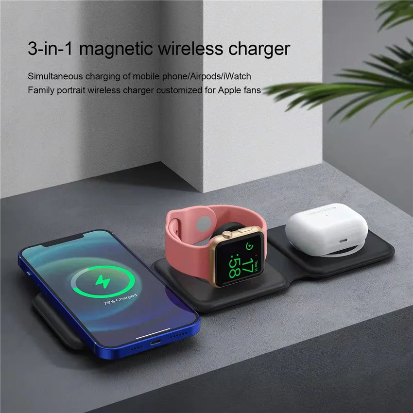 100W 3 in 1 Magnetic Wireless Charger Pad Stand for iPhone 15 14 13 12Pro Max Airpods iWatch Fast Wireless Charging Dock Station