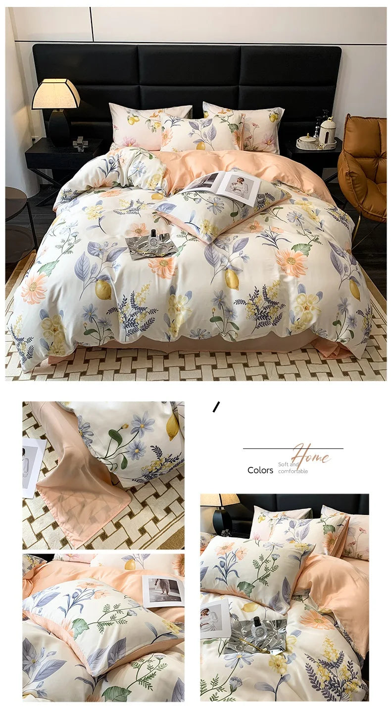 Summer Lyocell Fiber Fabric Comfortable Breathable Bedding Set Duvet Cover Linen Fitted Sheet Pillowcases Home Textile