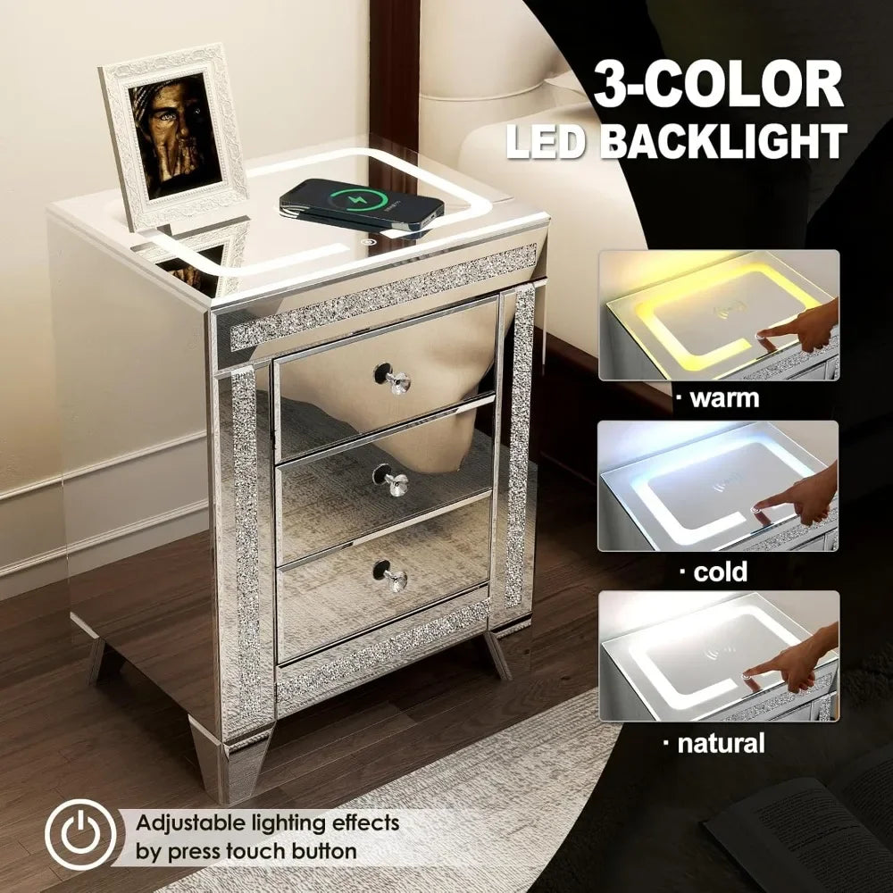 Silver Mirrored Nightstand with LED & Wireless Charging