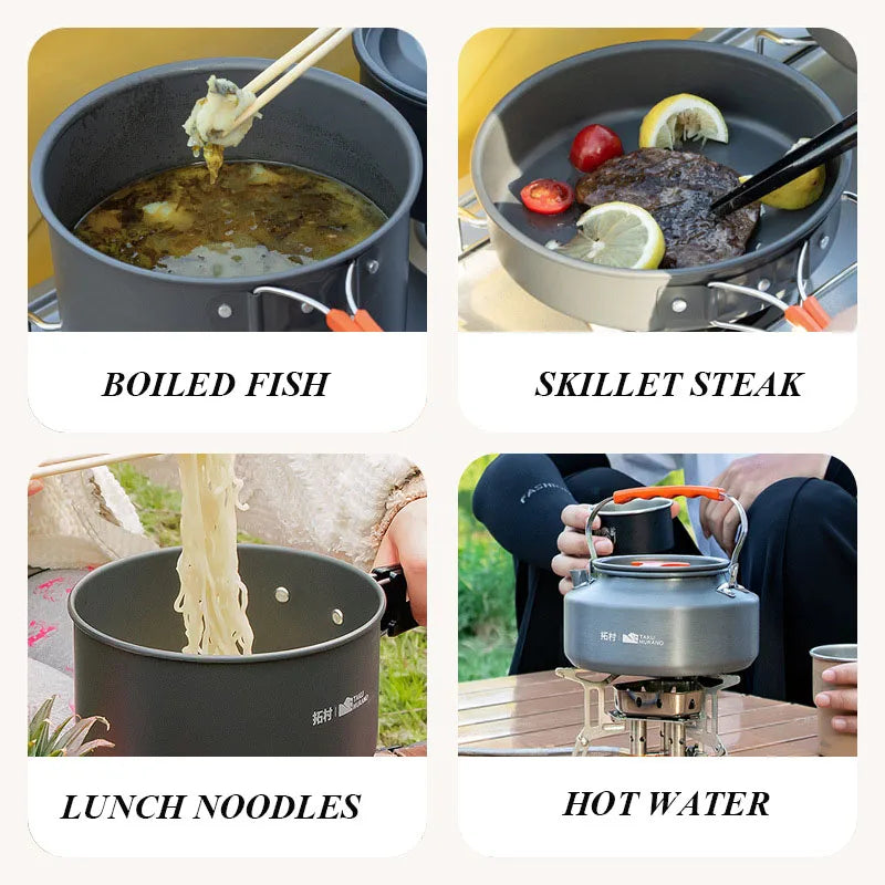 Camping Cookware Pots Set Aluminum Outdoor Touris Tableware Utensils 2-5 Person Portable Kitchen Equipment Hiking BBQ Picnic