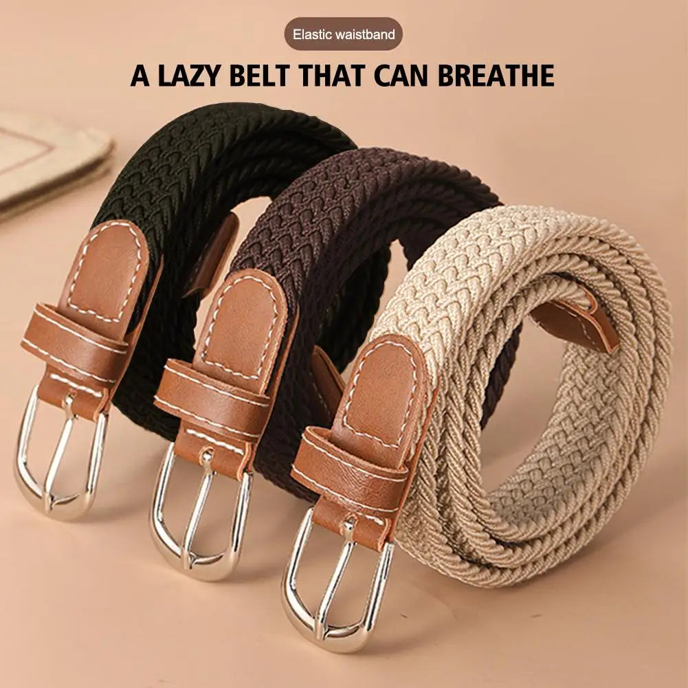 120-130cm Casual Knitted Pin Buckle Men Belt Woven Canvas Elastic Expandable Braided Stretch Belts For Women Jeans Female B U3M0